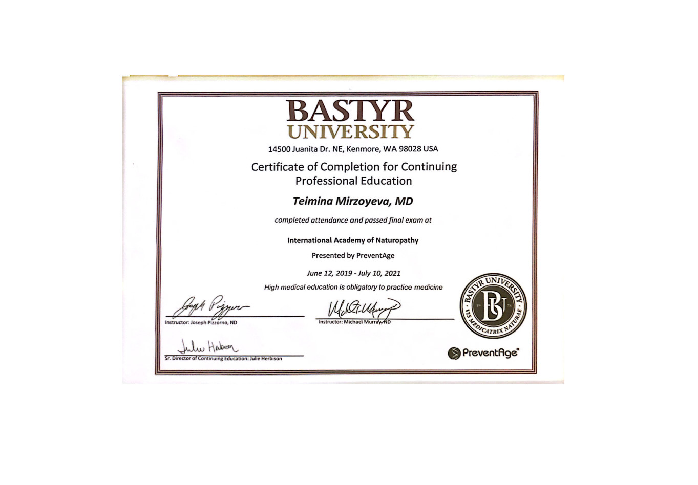 Сертификат об окончании программы повышения квалификации - Международная Академия Натуропатии